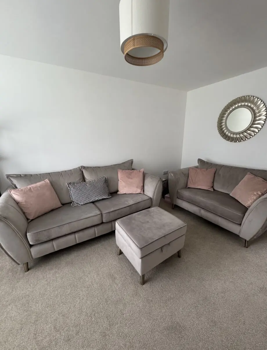 Nearly New Sofology Gabrielle Grey Sofa, Love Seat and Footstool