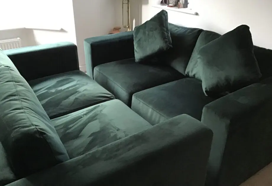 2 X BEAUTIFUL DARK GREEN VELVET SOFAS