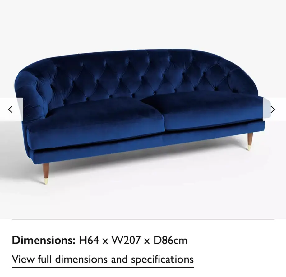 John Lewis Deep Blue Velvet 3-Seater Sofa