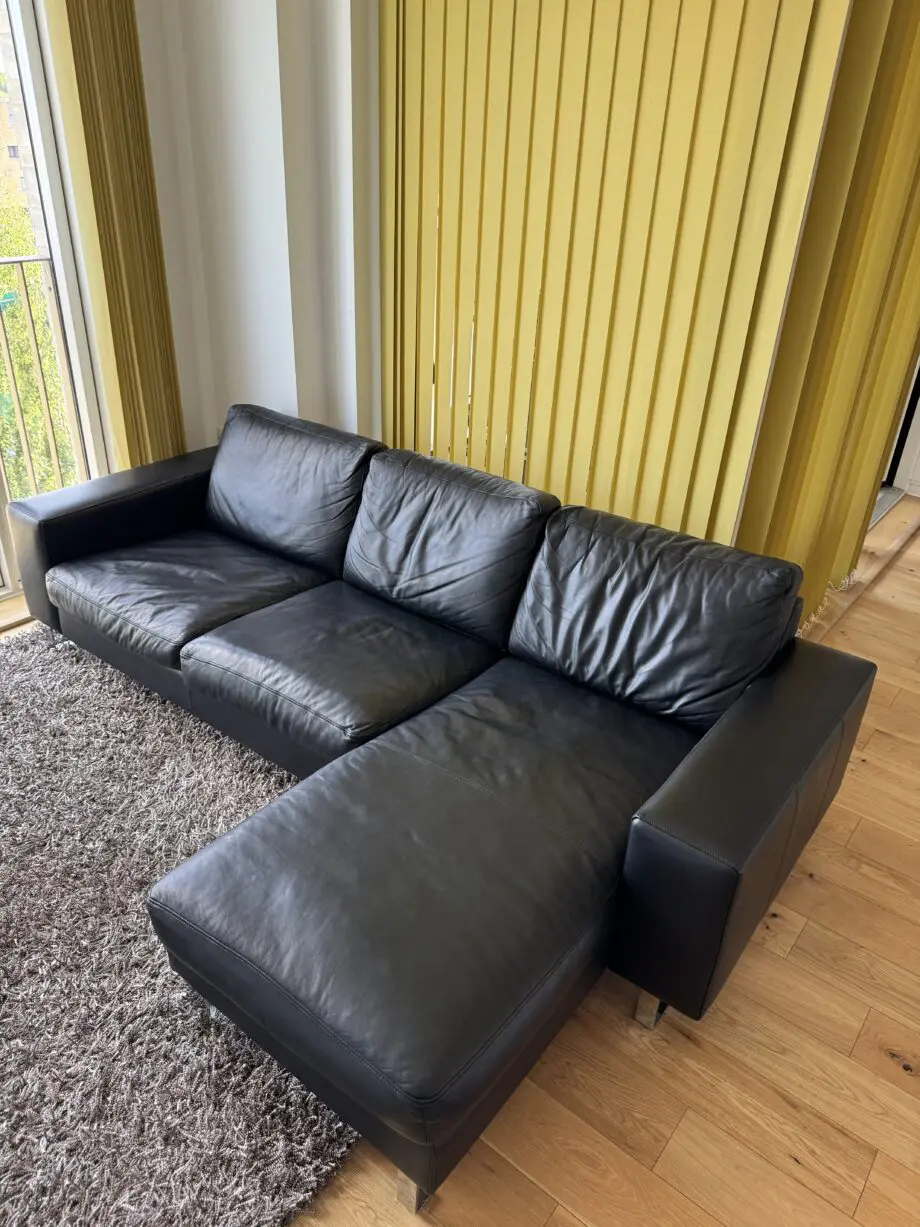 BoConcept Black Leather Modular Chaise Sofa-Chrome Legs, Revirsible Layout, 2.38m wide