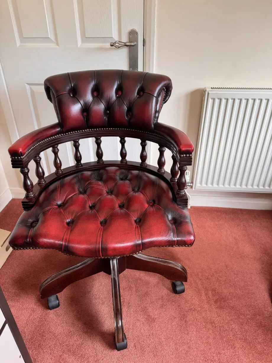 Deep Red Leather Vintage Swivel Desk Chair
