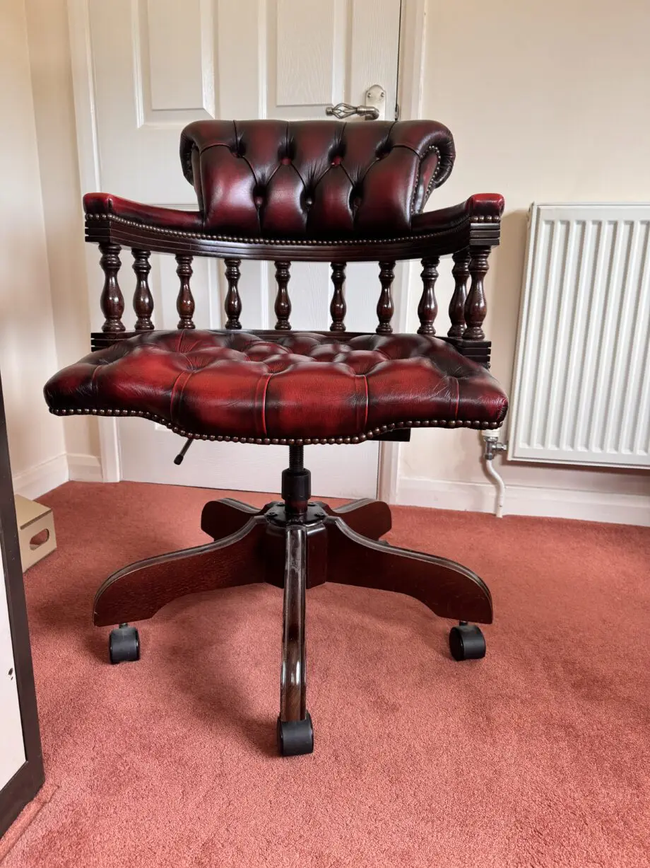 Deep Red Leather Vintage Swivel Desk Chair