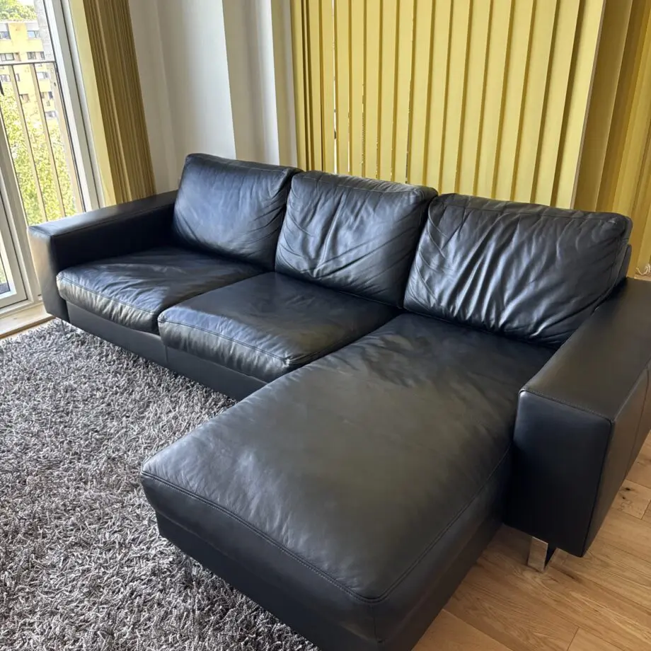 BoConcept Black Leather Modular Chaise Sofa-Chrome Legs, Revirsible Layout, 2.38m wide