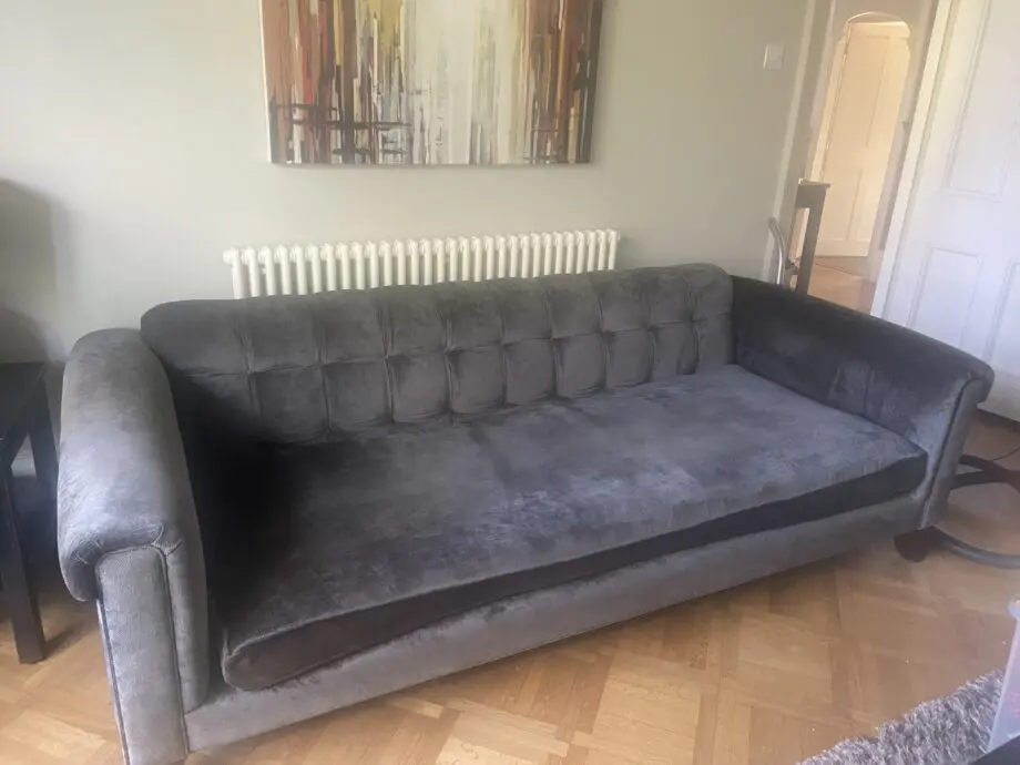 John Sankey dark grey velvet handmade large buttoned sofa