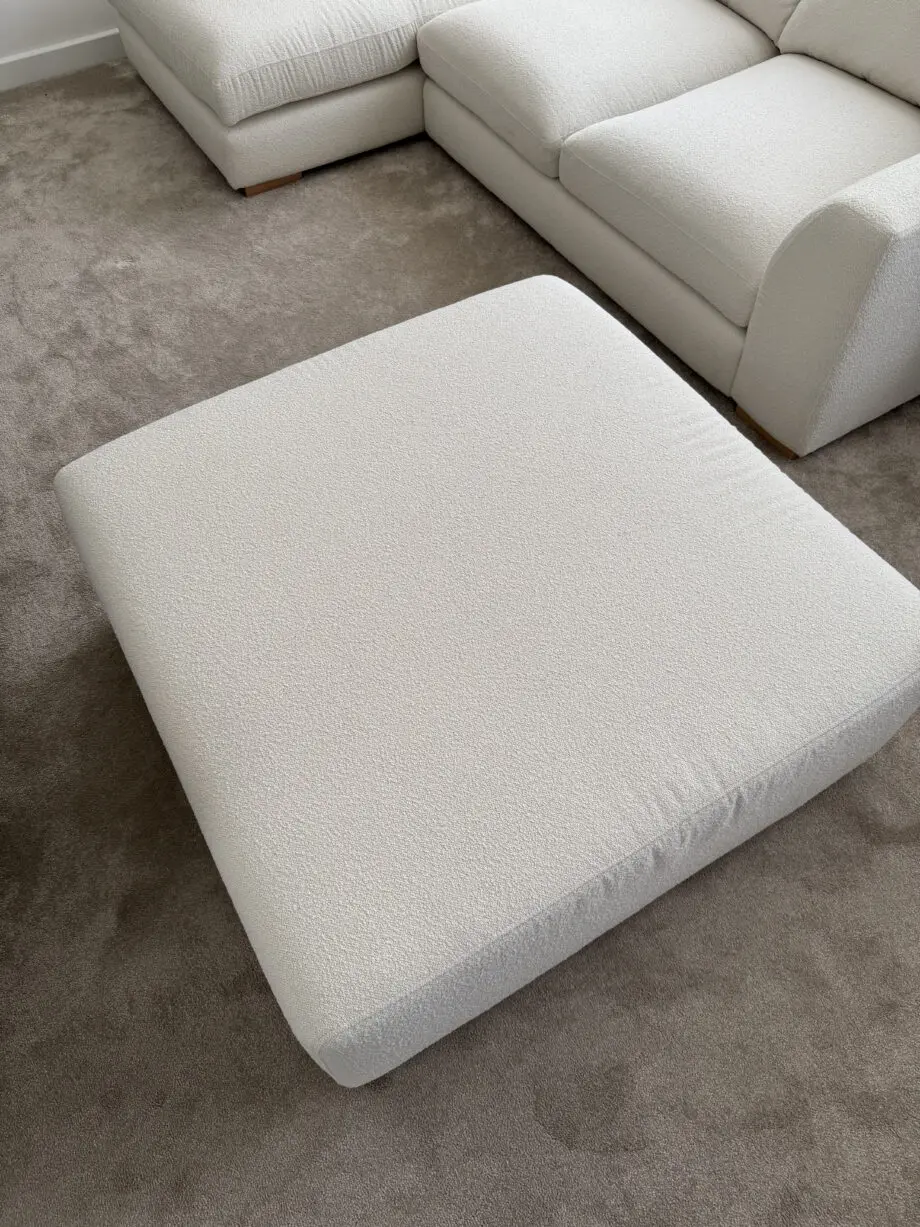 DFS Calix 3 seater sofa with chaise long in ivory boucle with matching footstool