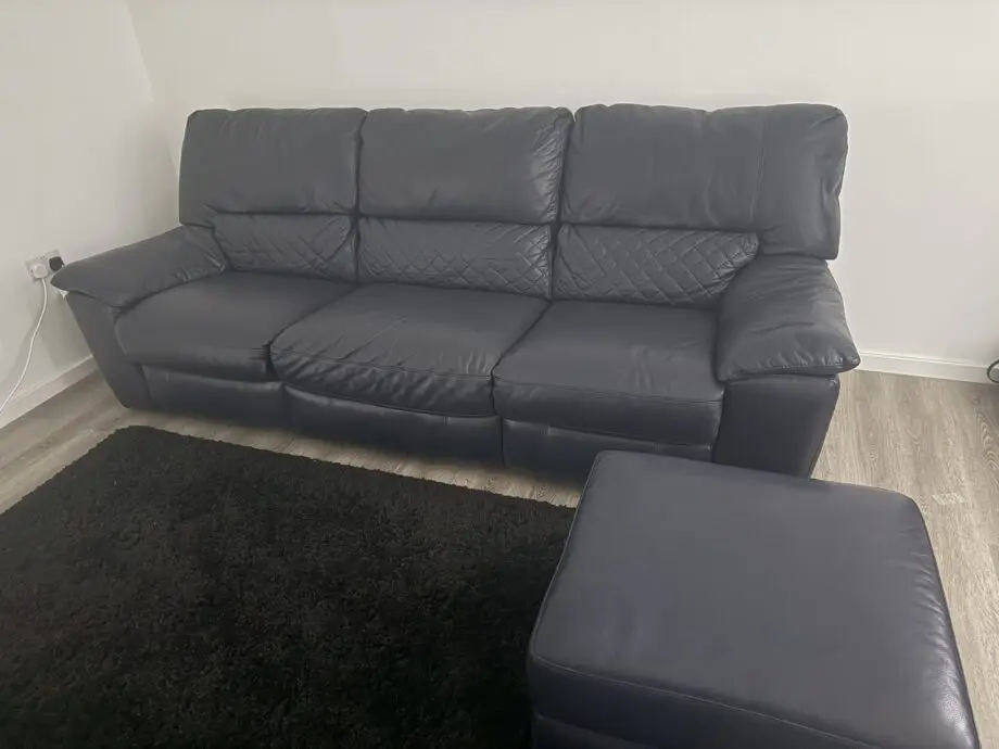 100% Leather Navy Blue Recliner 3 seater sofa with storage footstool