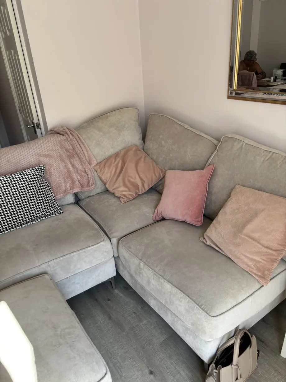 DFS oatmeal corner sofa and foot stool