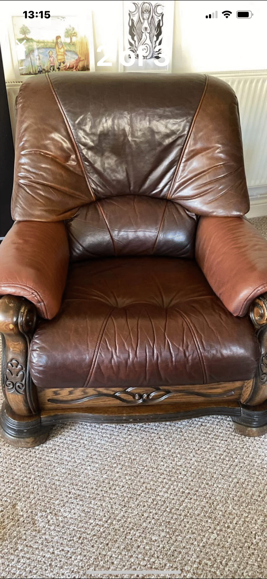 Brown Leather suite. 3 seater sofa two arm chairs. Leather with oak frame