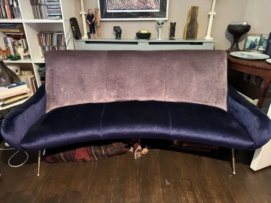 Mid century Marco Zanuso reupholstered 3 seater aerodynamic sofa.