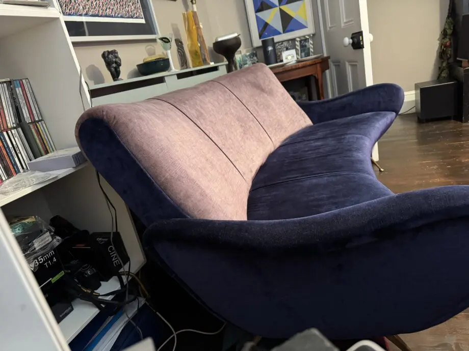 Mid century Marco Zanuso reupholstered 3 seater aerodynamic sofa.