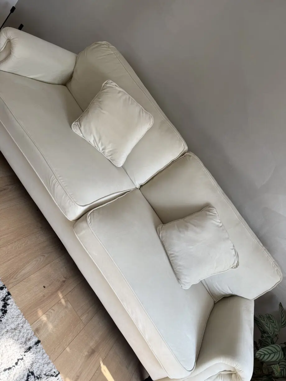 Homestead REGAN 3 Seater Sofa Bed Cream Velvet Fabric Grey With Black Les and Matching Cushions