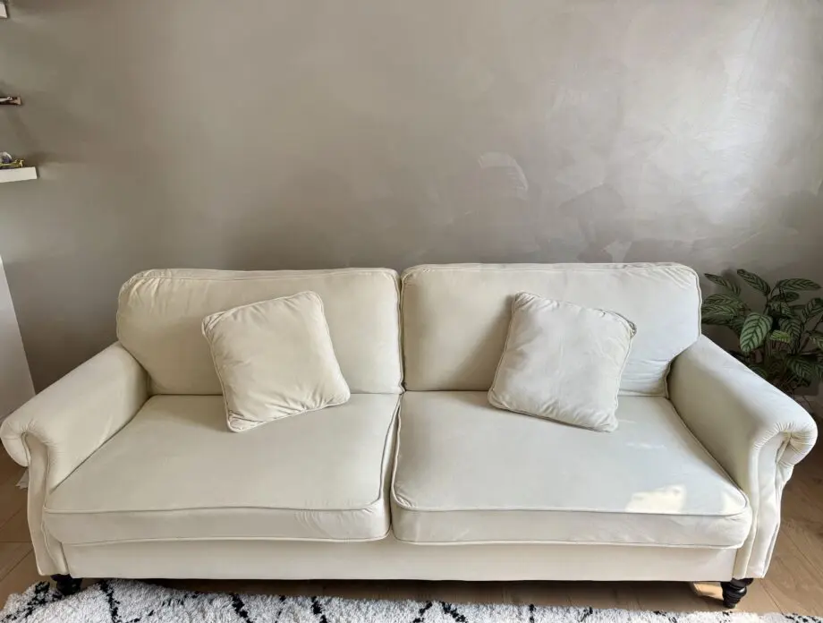Homestead REGAN 3 Seater Sofa Bed Cream Velvet Fabric Grey With Black Les and Matching Cushions