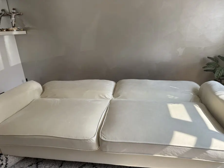 Homestead REGAN 3 Seater Sofa Bed Cream Velvet Fabric Grey With Black Les and Matching Cushions