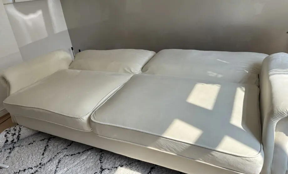 Homestead REGAN 3 Seater Sofa Bed Cream Velvet Fabric Grey With Black Les and Matching Cushions
