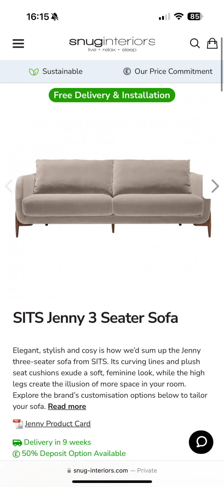 Snug SITS Jenny 3 Seater Sofa - Velvet - Blue