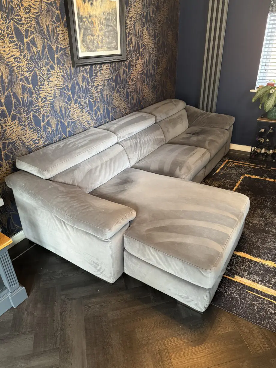 Natuzzi Editions - Electric Recliner, Chaise End Sofa, Grey Velvet Material.