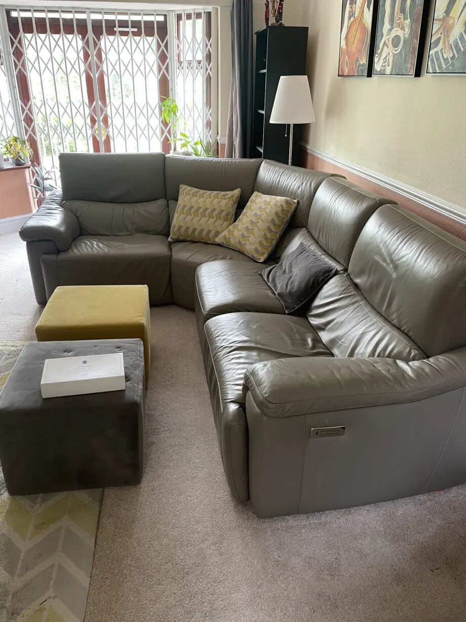 DFS Tripletta Premium Leather Grey Right-Hand Facing 2-Corner-1 Extra Large Sofa, with Powered Recline, Lumbar and Headrest.