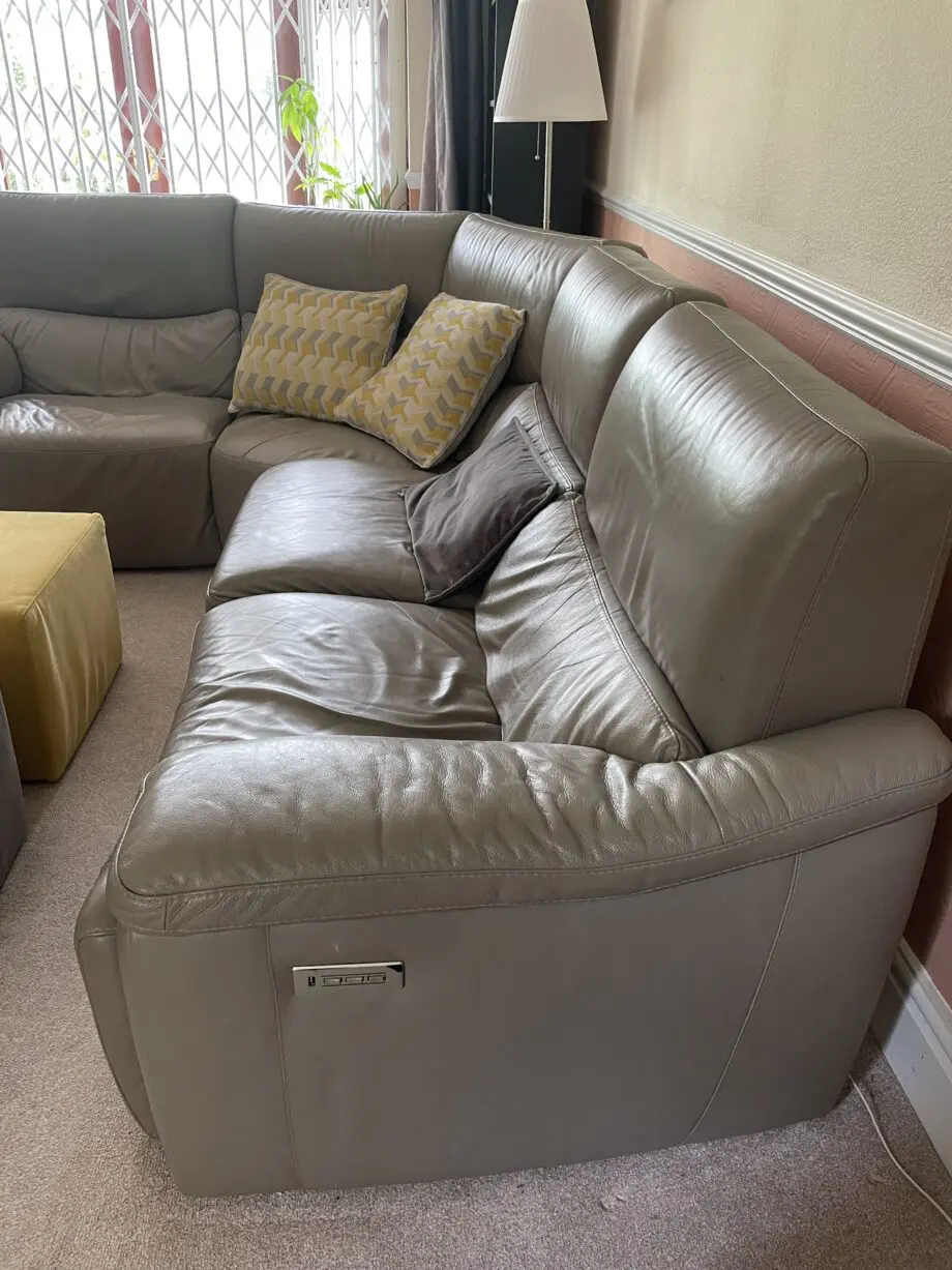 DFS Tripletta Premium Leather Grey Right-Hand Facing 2-Corner-1 Extra Large Sofa, with Powered Recline, Lumbar and Headrest.