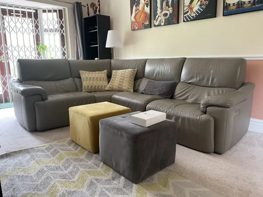 DFS Tripletta Premium Leather Grey Right-Hand Facing 2-Corner-1 Extra Large Sofa, with Powered Recline, Lumbar and Headrest.