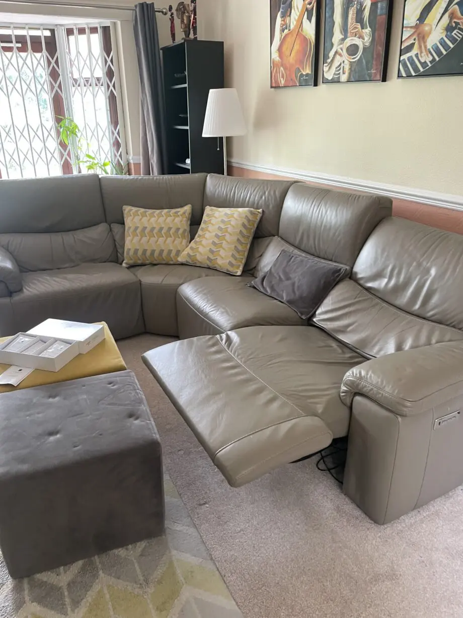 DFS Tripletta Premium Leather Grey Right-Hand Facing 2-Corner-1 Extra Large Sofa, with Powered Recline, Lumbar and Headrest.