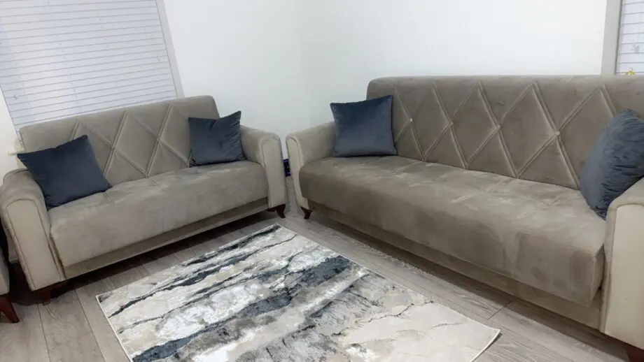 Beige grey sofa set with storage