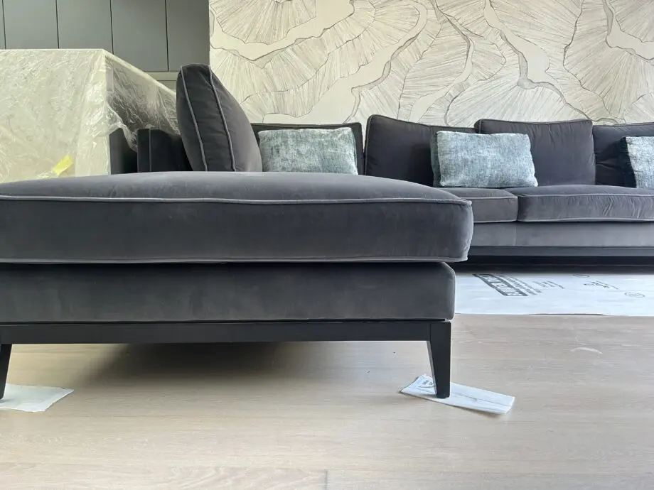 Bespoke Corner Sofa from Sofa and Chair Company in Charcoal Velvet with Contrast Piping