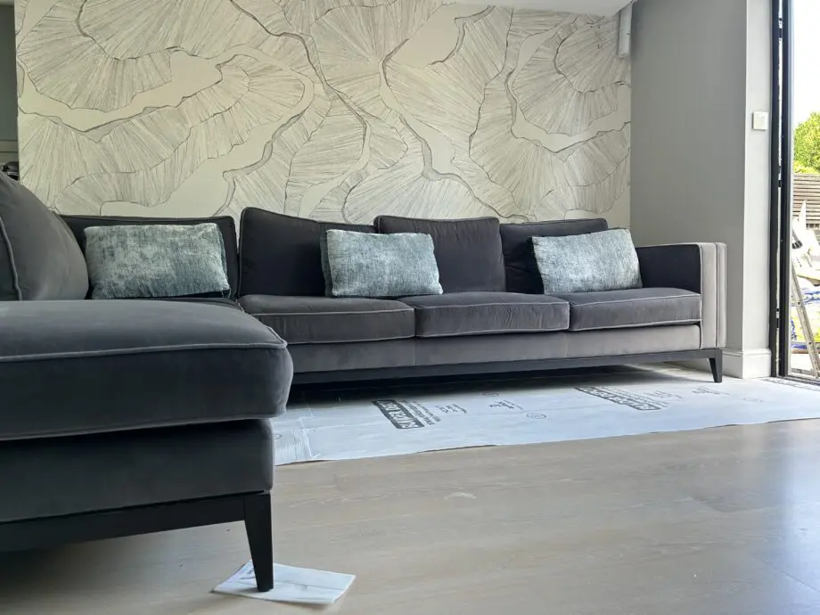 Bespoke Corner Sofa from Sofa and Chair Company in Charcoal Velvet with Contrast Piping