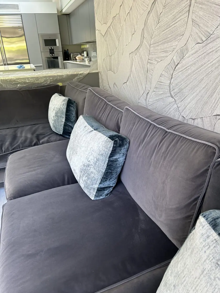 Bespoke Corner Sofa from Sofa and Chair Company in Charcoal Velvet with Contrast Piping