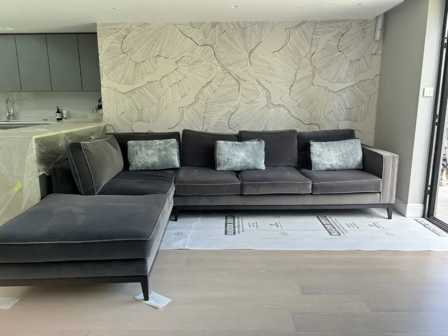 Bespoke Corner Sofa from Sofa and Chair Company in Charcoal Velvet with Contrast Piping