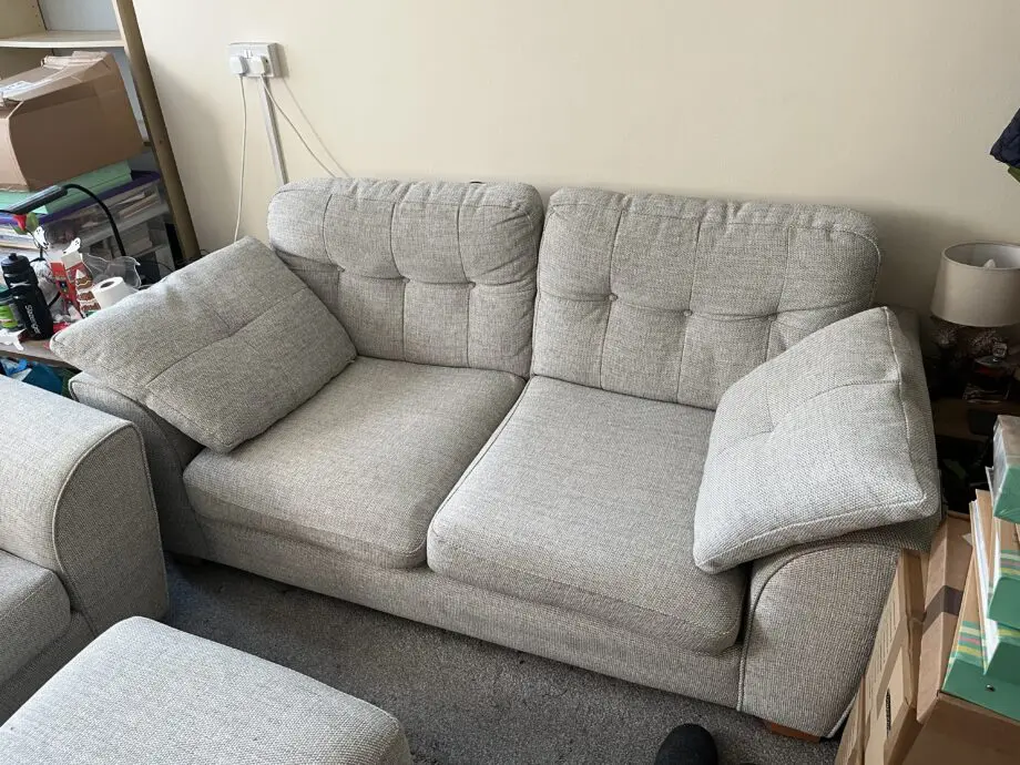 DFS Winson sofa, armchair, and footstool in cream