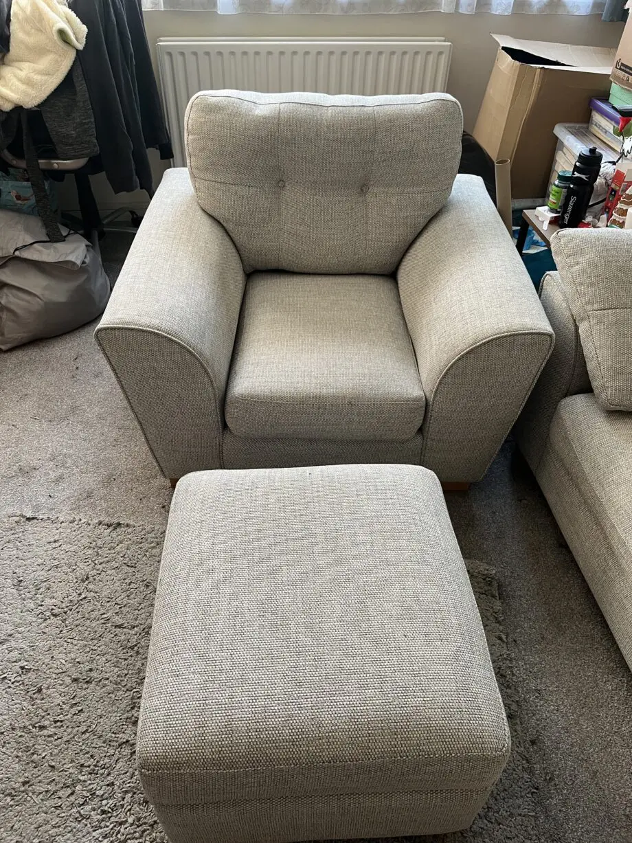 DFS Winson sofa, armchair, and footstool in cream