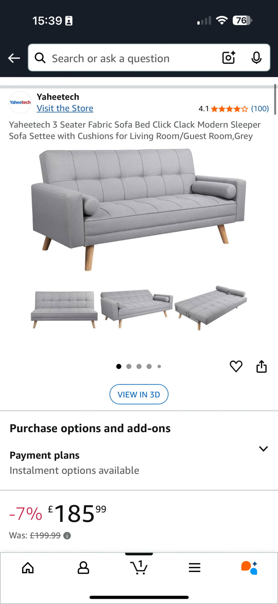 Yaheetech 3 Seater Fabric Sofa Bed Click Clack Modern Sleeper Sofa Settee with Cushions for Living Room/Guest Room,Grey
