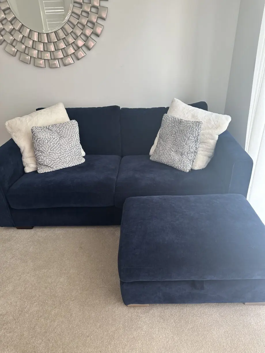 Sofology Majestica Sofa’s and footstool - 3 seater and 2 seater - Soft Chenille Navy - Excellent Condition