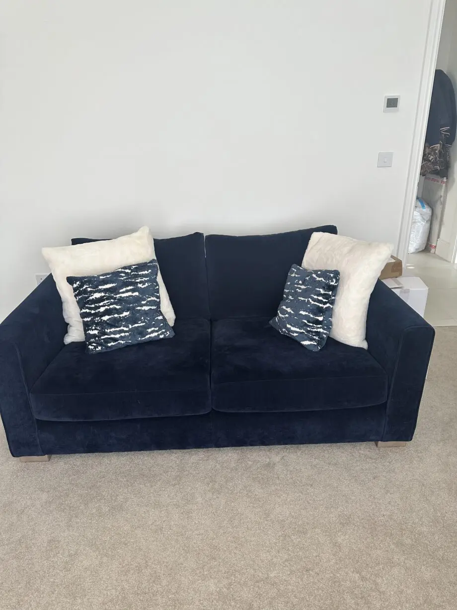Sofology Majestica Sofa’s and footstool - 3 seater and 2 seater - Soft Chenille Navy - Excellent Condition