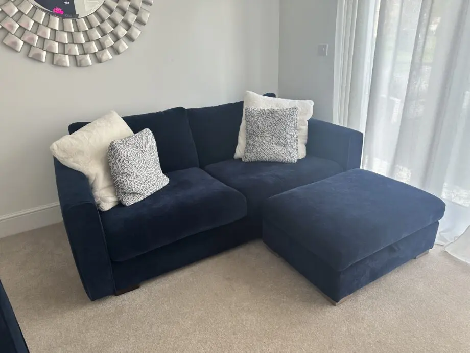 Sofology Majestica Sofa’s and footstool - 3 seater and 2 seater - Soft Chenille Navy - Excellent Condition