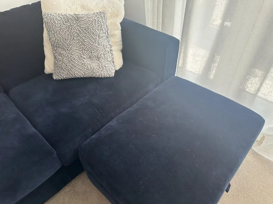 Sofology Majestica Sofa’s and footstool - 3 seater and 2 seater - Soft Chenille Navy - Excellent Condition