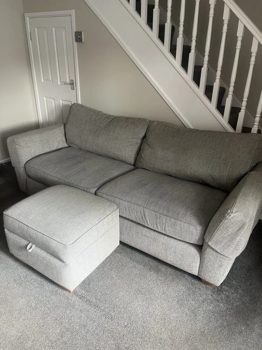 Sofia range by DFS. Grey 3 seater sofa plus swivel chair plus 2 storage footstools