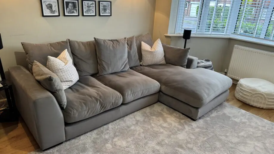Plush DFS Velvet Pillow Back Right Hand Facing Small Chaise End Sofa in Grey