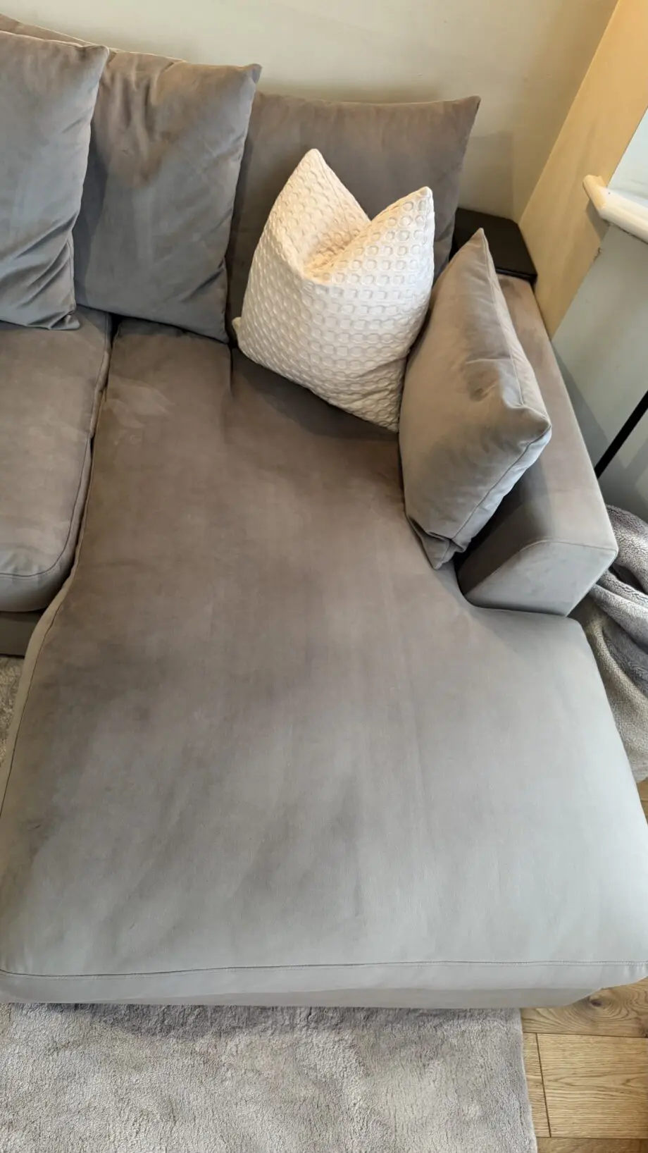 Plush DFS Velvet Pillow Back Right Hand Facing Small Chaise End Sofa in Grey