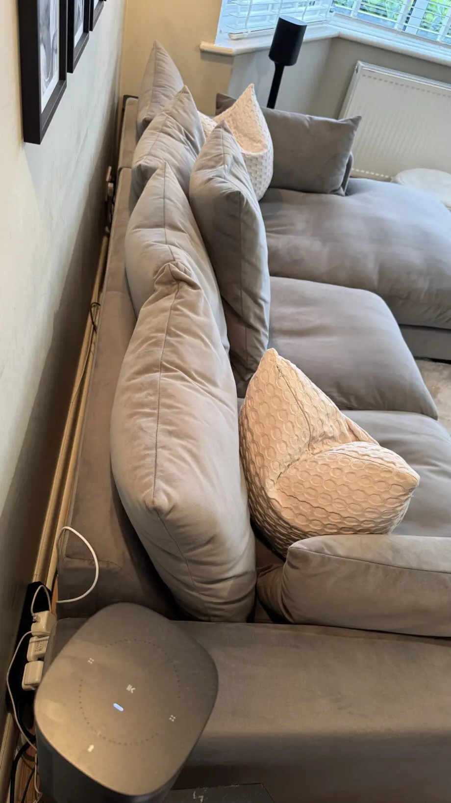 Plush DFS Velvet Pillow Back Right Hand Facing Small Chaise End Sofa in Grey