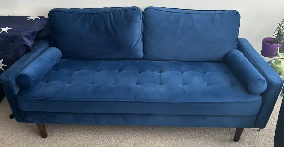 Comfy Blue Velvet Sofa – 3 Seater in Great Condition