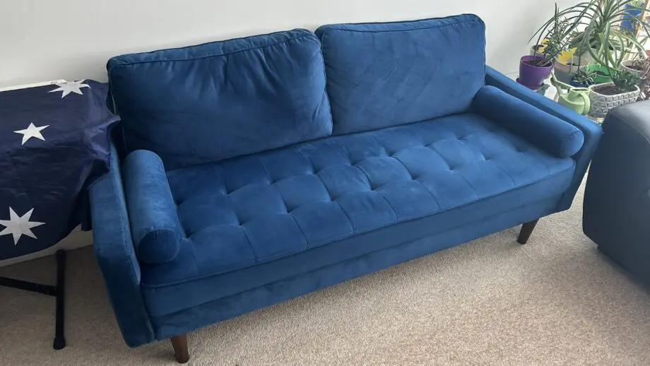 Comfy Blue Velvet Sofa – 3 Seater in Great Condition