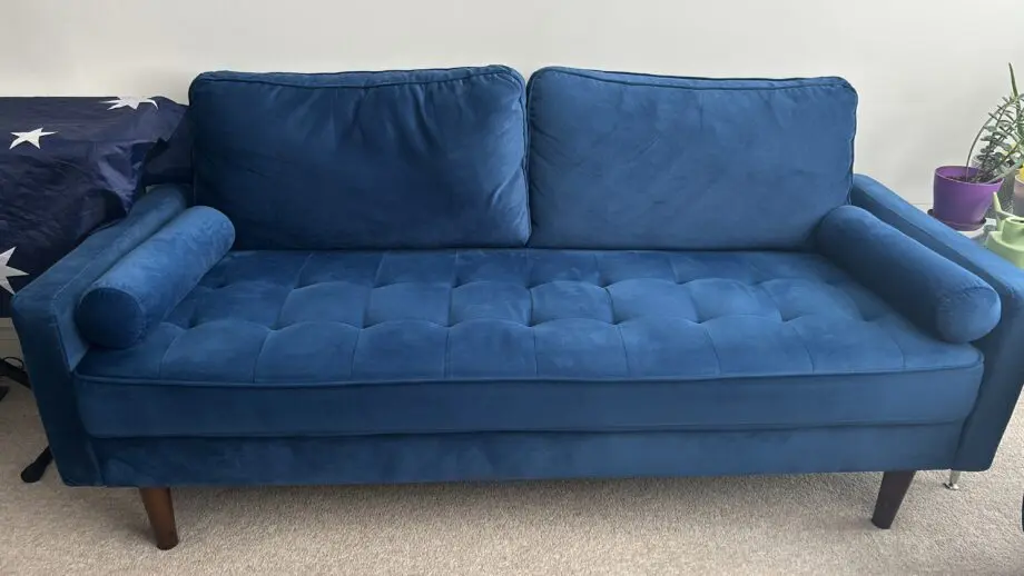 Comfy Blue Velvet Sofa – 3 Seater in Great Condition