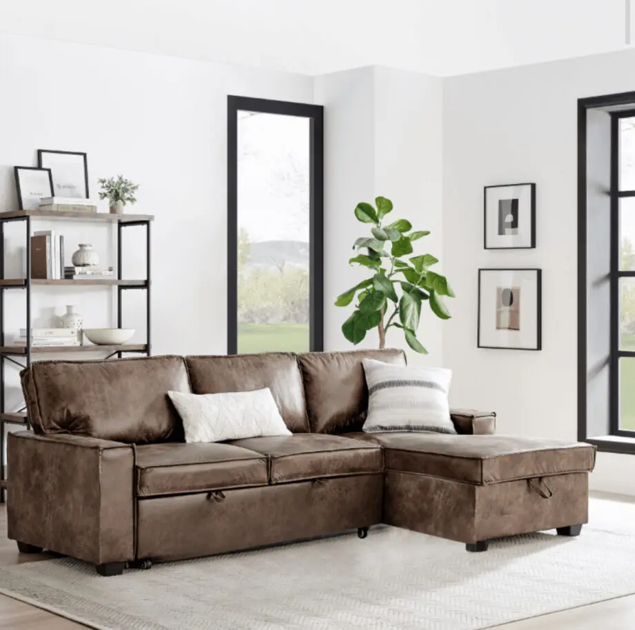 Havar Corner Sofa Bed: Brown Leather Aire (Left)