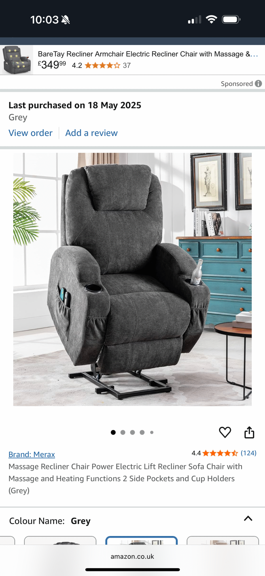 Grey electric reclining assisting chair