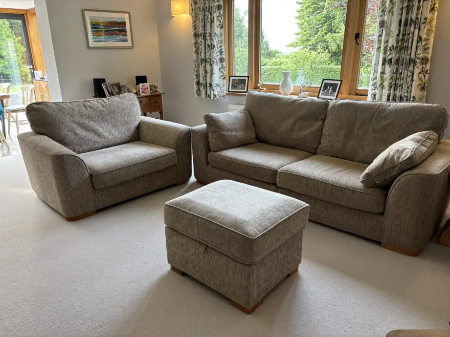 Oatmeal sofa set with snug and storage footstool
