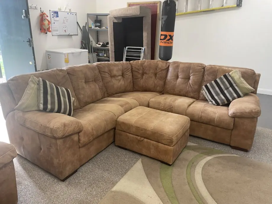 DFS Leather Tan Corner Sofa, Arm Chair (reclining) and Footstool