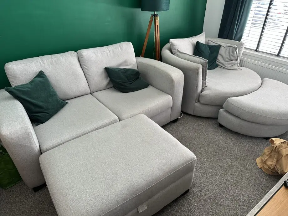 DFS Layla Silver 2-seater and Cuddle chair with footstool