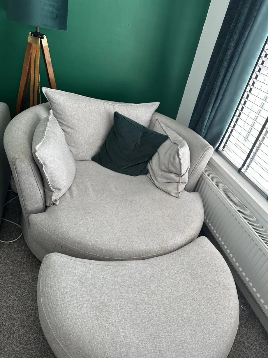 DFS Layla Silver 2-seater and Cuddle chair with footstool