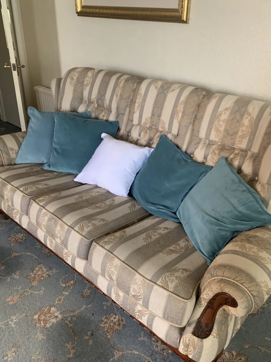 3 Piece Suite, subtle pattern/stripe, beige and gold